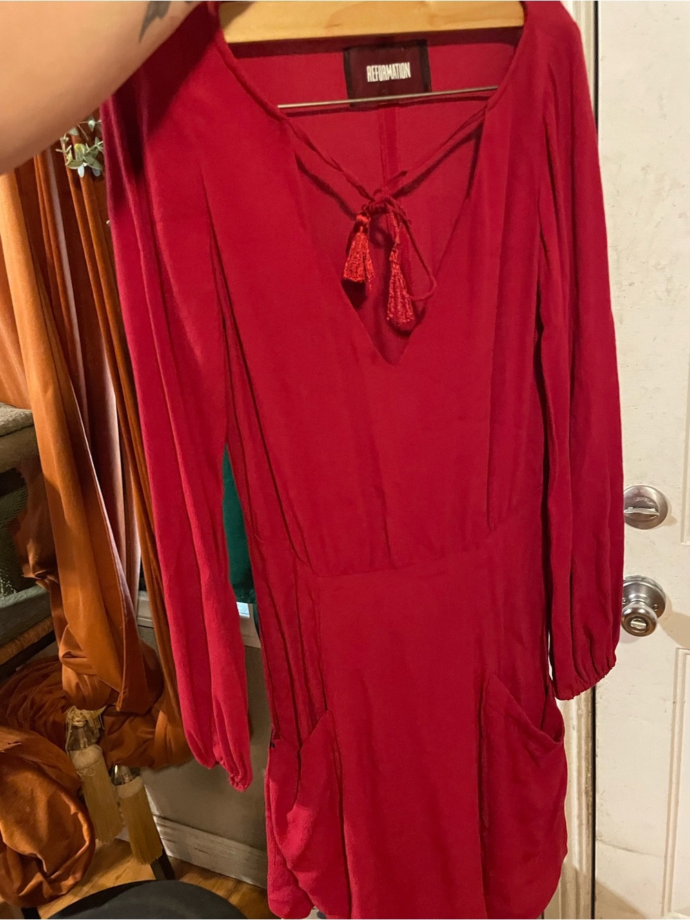 Reformation Crimson Long-Sleeve Tie-Front Dress
